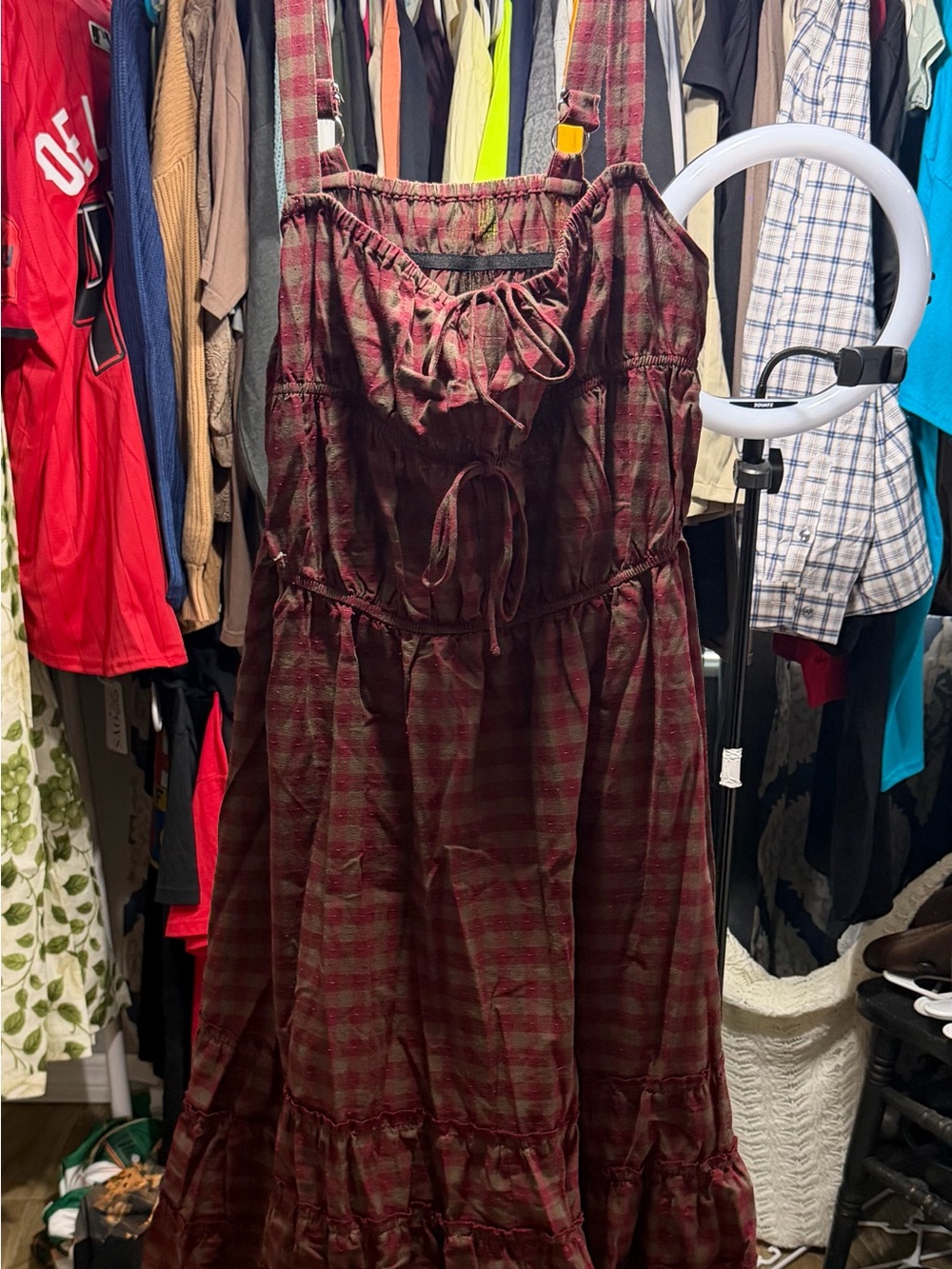 Women’s Burgundy Plaid Maxi Dress with Adjustable Ties Cider